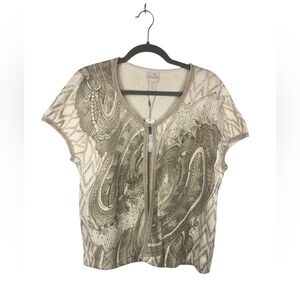 Chico’s Beaded Print Cardigan Gold Single Hook Closure Braided Trim